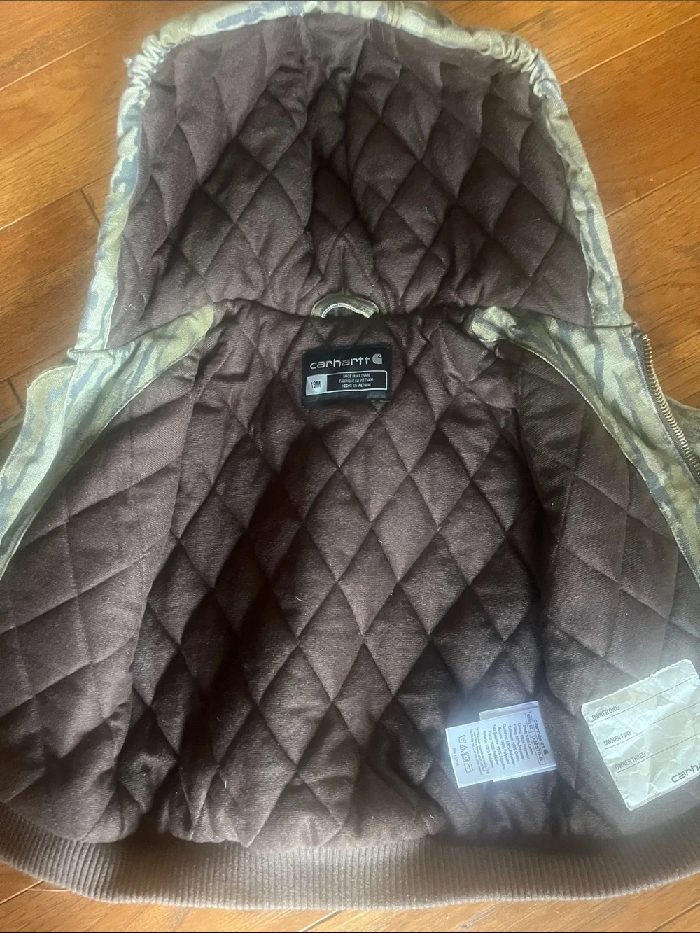 Children’s Carhartt Quilted Brown Hooded Jacket with Camo Trim